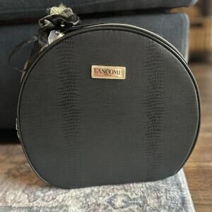 Lancome Paris Black Faux  Leather Round Travel Cosmetic Bag Train Case 12" x 11"
